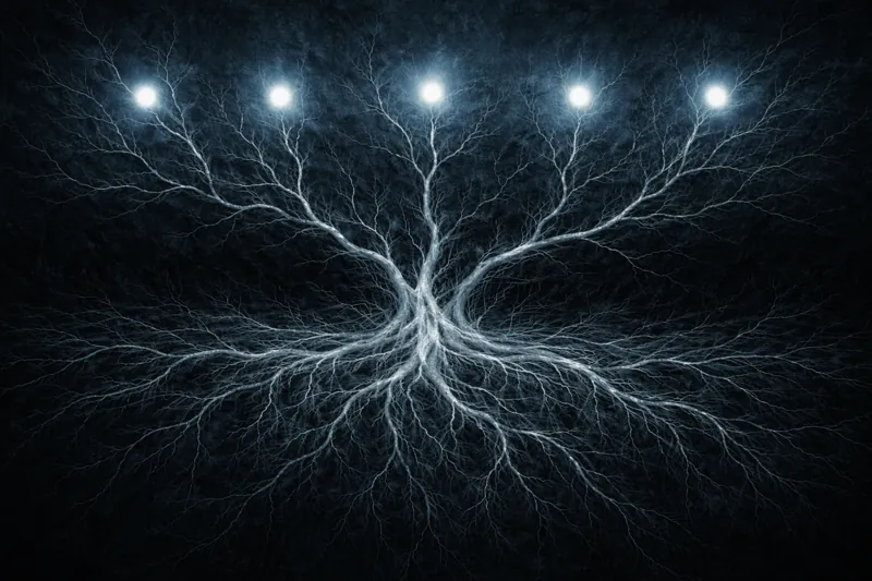 The Mycelium Web: glowing points connected by a branching network of roots