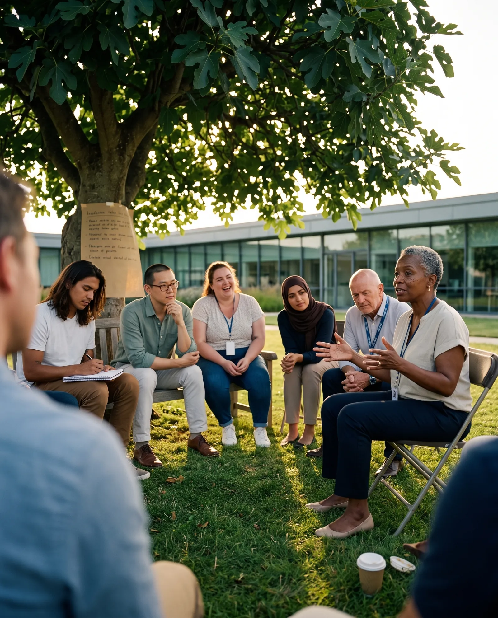 A circle of colleagues sitting on the grass under a large fig tree, listening to a woman speak